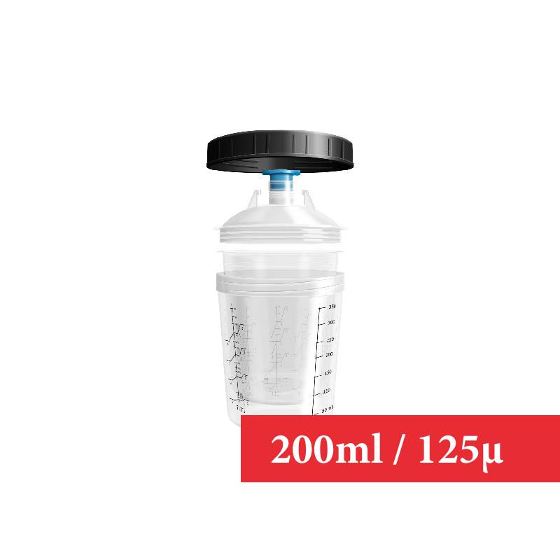 Kit 200/125 : 1 Godet rigide 200 ml 125µ + 50 poches souples + 50 couvercles + 20 bouchons