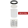 Kit 800/190 : 1 Godet rigide 800 ml 190µ + 50 poches souples + 50 couvercles + 20 bouchons